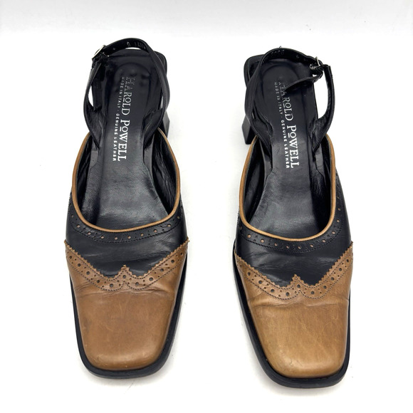 Vintage Harold Powell Block Heel Square Toe Wingtip Sling Back Loafers Women 9AA - Picture 3 of 16